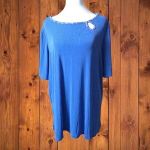 CAROLYN STRAUSS WOMEN'S 1X PETITE SHORT SLEEVE BLUE PULLOVER SHIRT STRETCH NEW